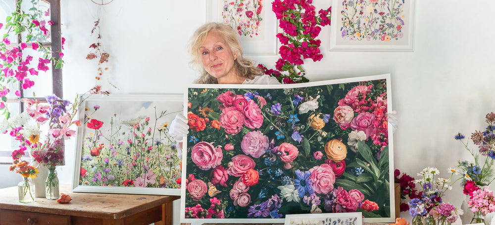 Ranunculus Garden photoprint with artist Kriss MacDonald in sutdio