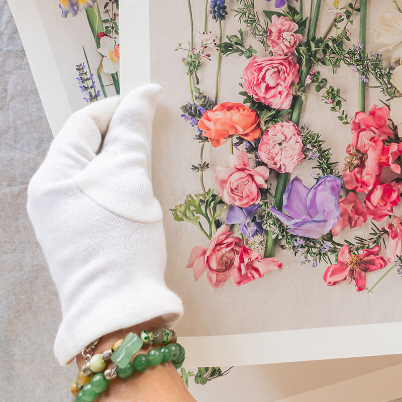 Gloved hand holding archival Giclee paper