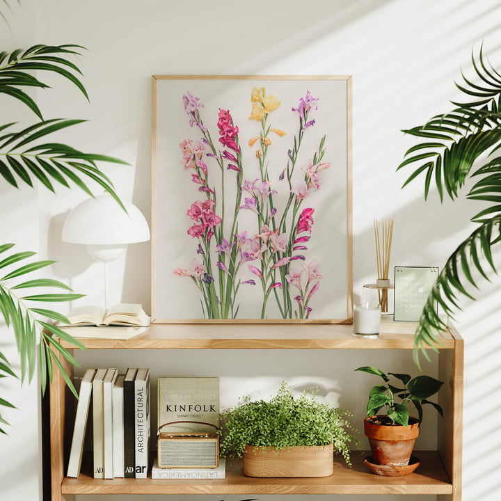 Oak framed Gladiolus art print on bookshelf with plants