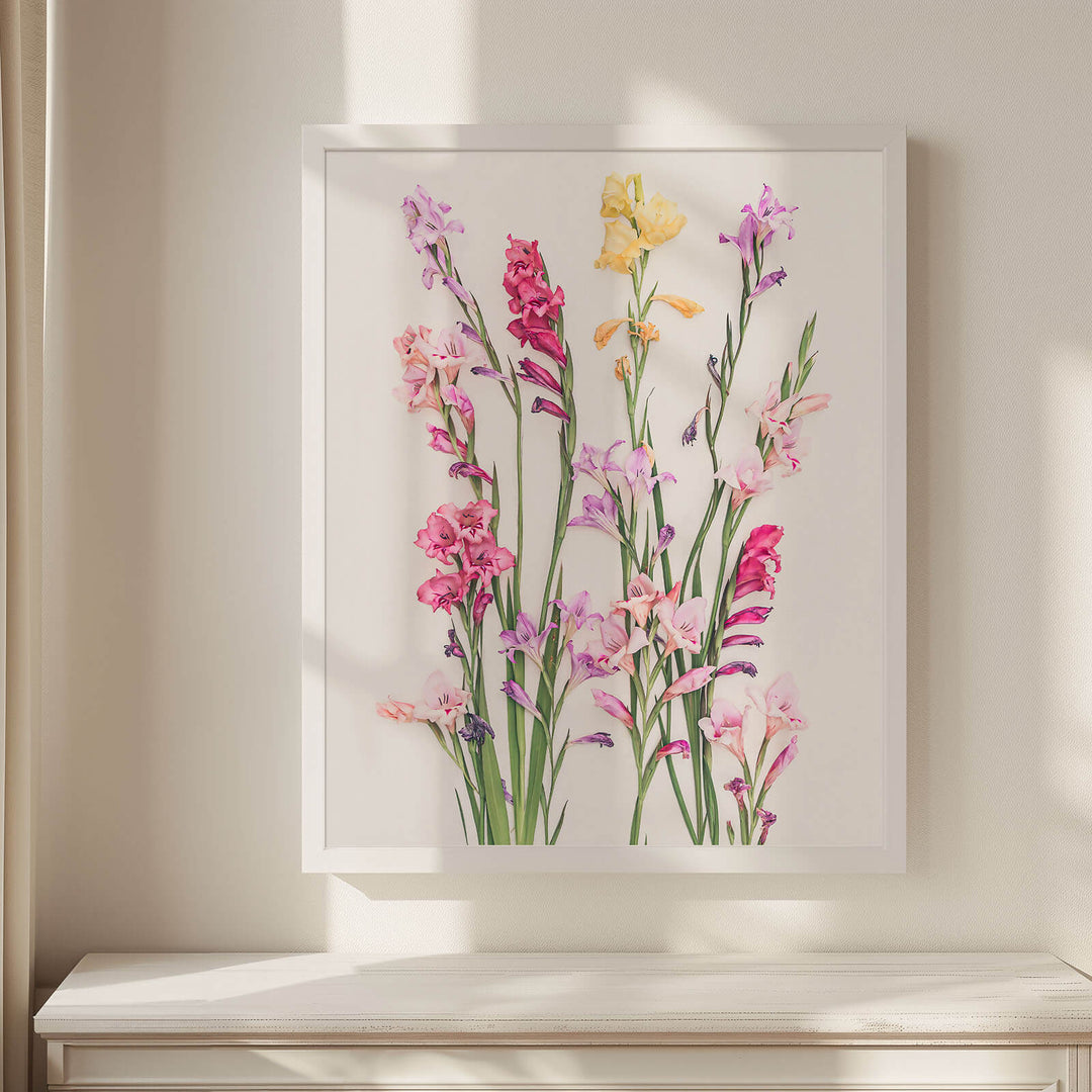 WHite framed Gladiolus fine art print above white chest