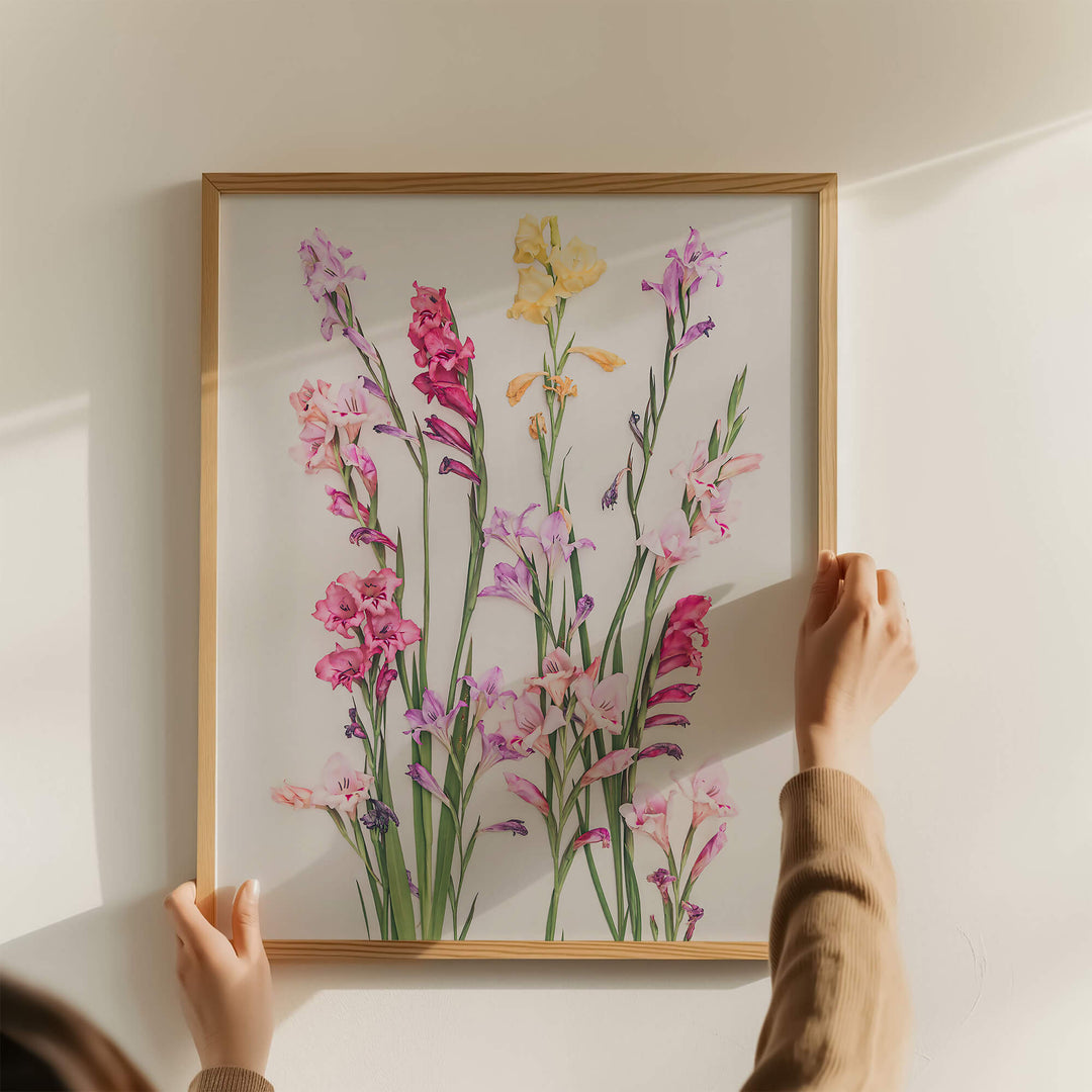 Hands holding oak framed flower art print of Gladiolus