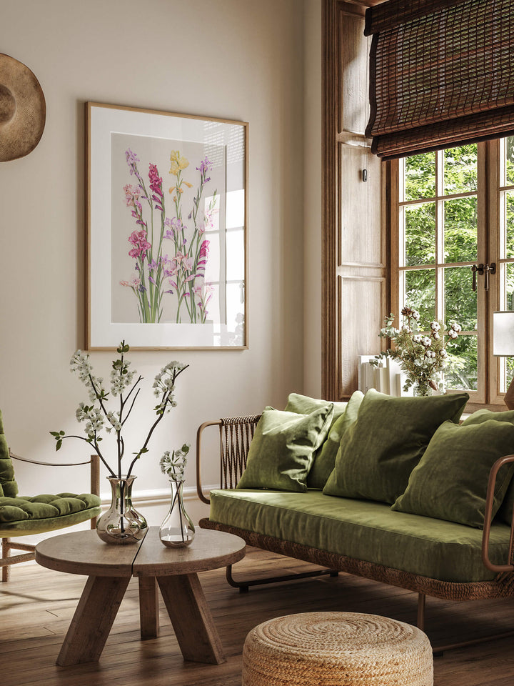 Flower art print Gladiolus in living room with green sofa