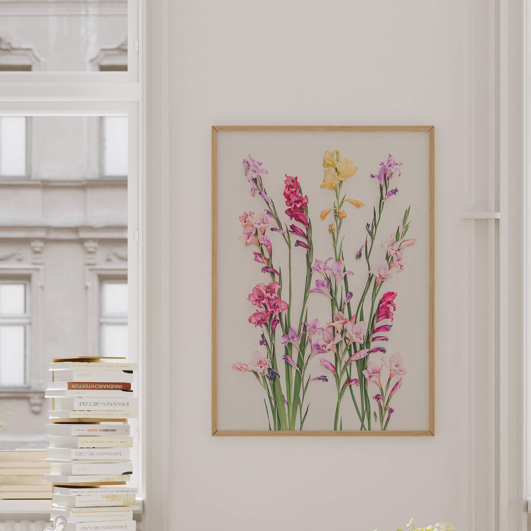 Gladiolus fine art print next to window and books