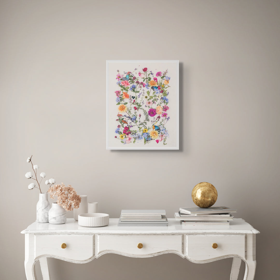 40 x 50 cms Love botanical print in white wood frame above desk