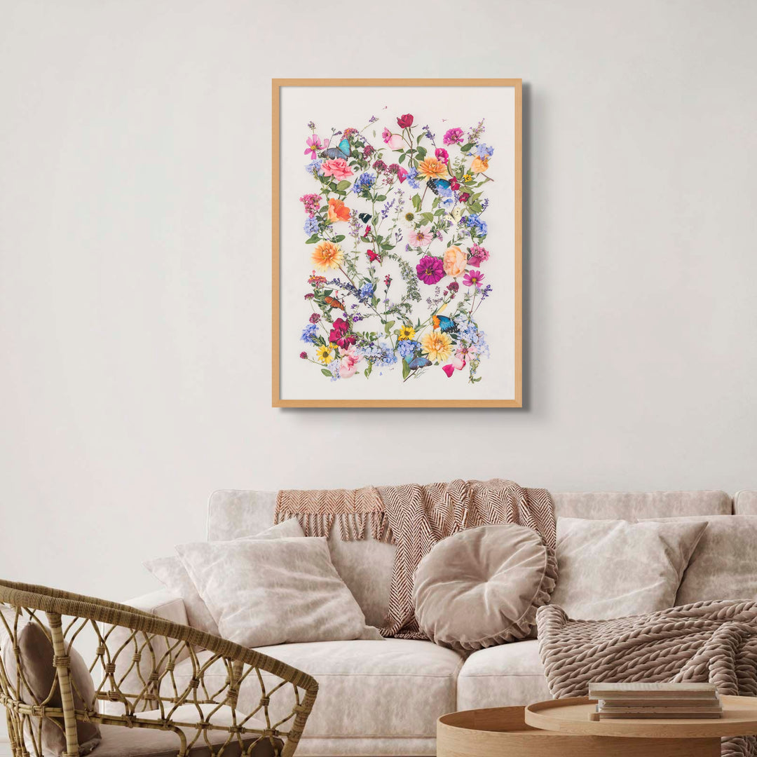 Floral artwork Love in oak frame above sofa 60 x 80 cm