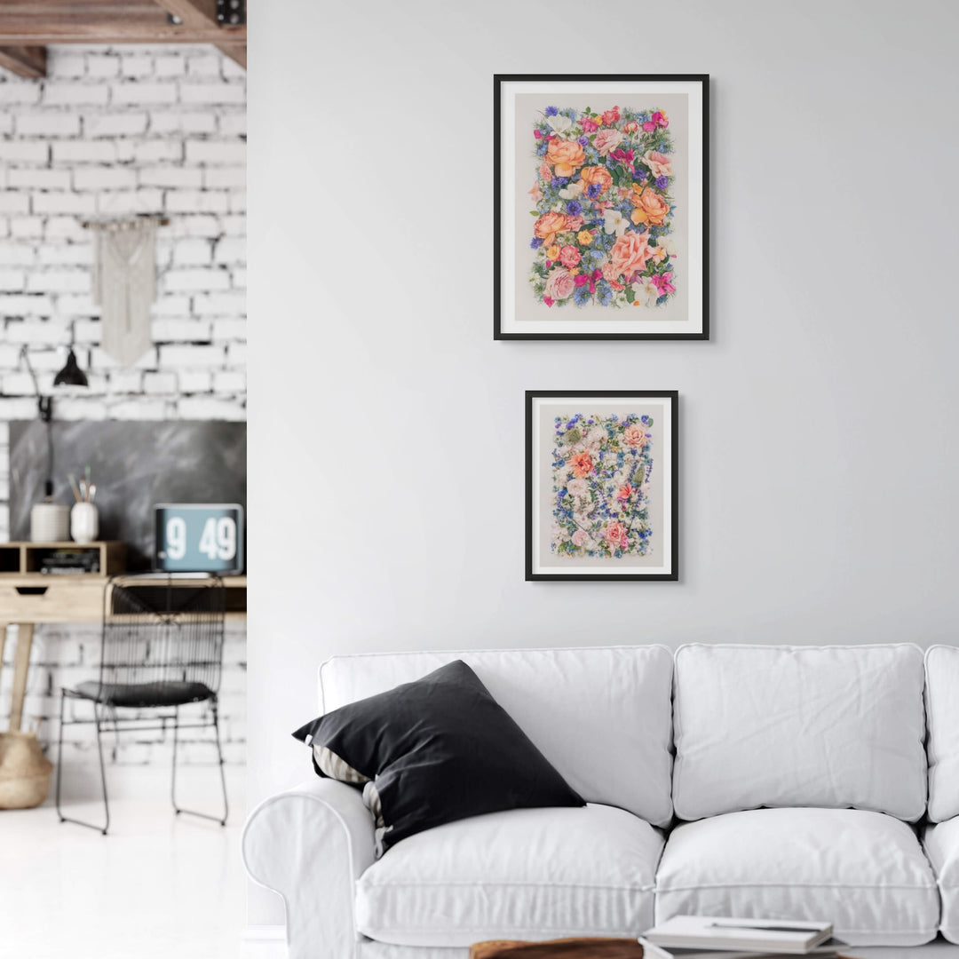 Pair Rose Garden 40 x 50 and 28 x 35 black frames