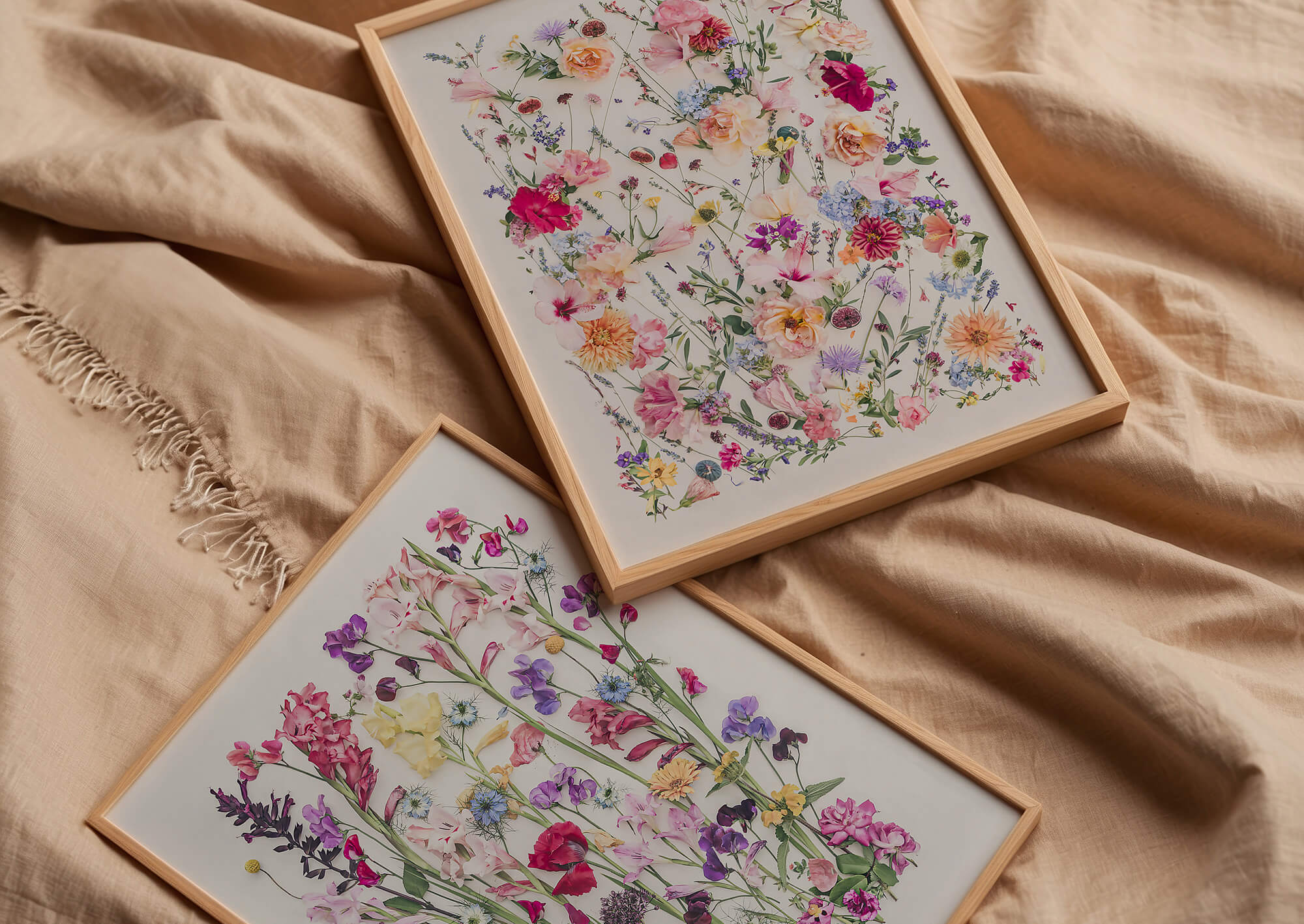 Two framed flower art prints on linen