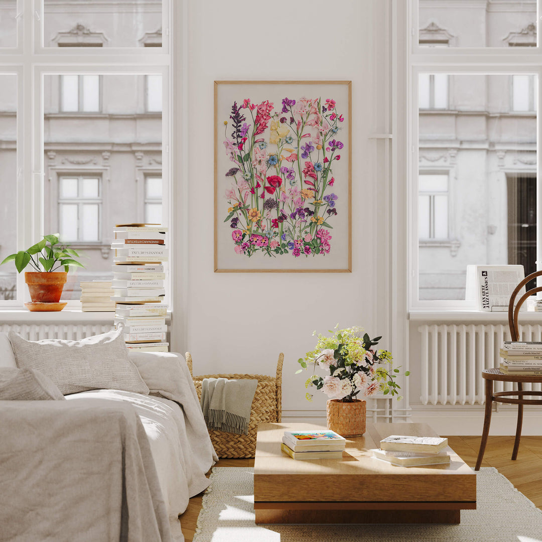 Living room with large framed Poppy and Gladiolus fine art print
