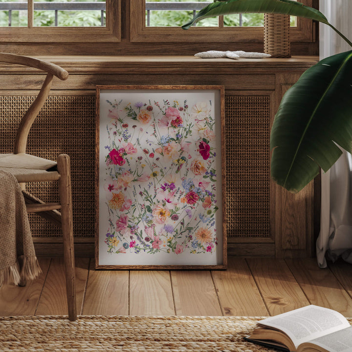 Framed print The Fig and Olive Garden next to wood window and chair